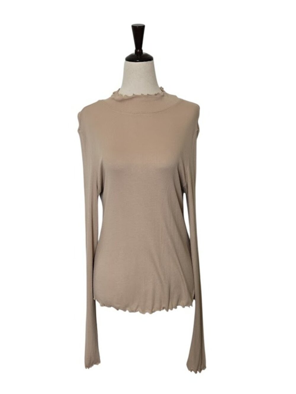 ABOUND Women's XL Taupe Ribbed Mock Neck Lettuce Trim Long Sleeve Top